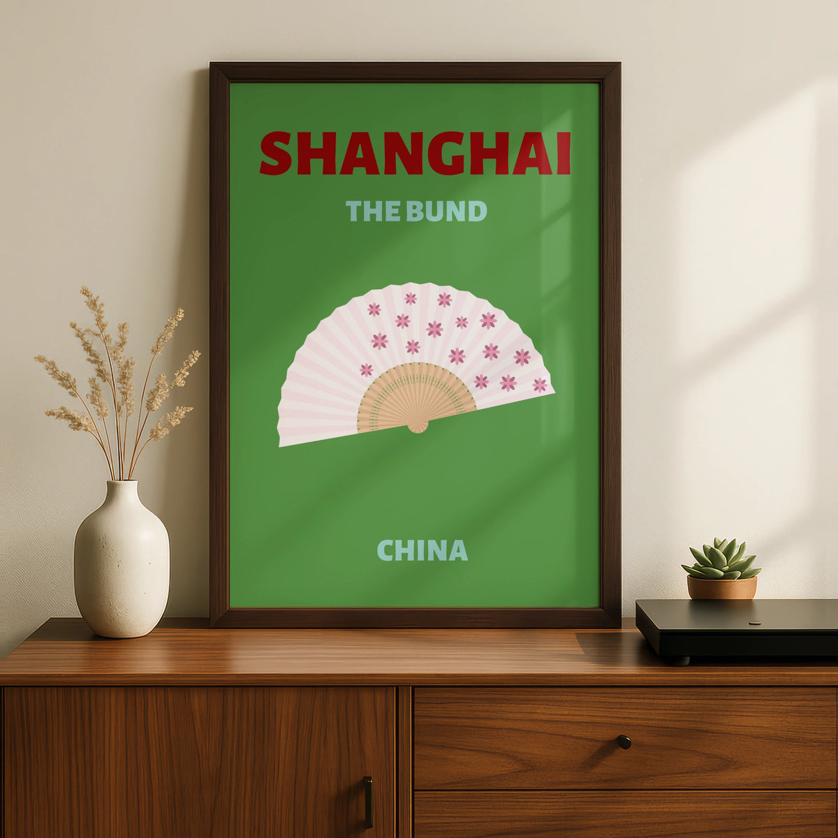 Shanghai The Bund Travel Poster, China Wall Art, Retro Chinese Fan Print