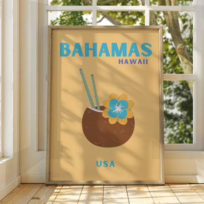 Bahamas Hawaii Travel Poster, Retro Tropical Wall Art, Coconut Drink Print, Beach Decor