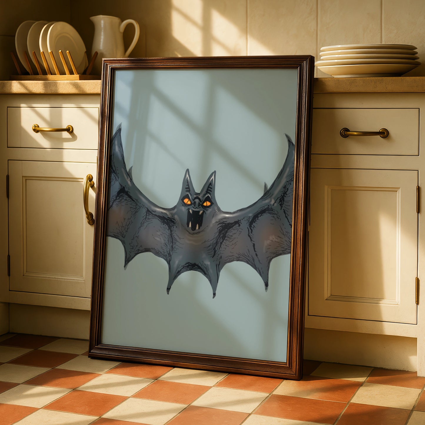 Halloween Bat Wall Art, Spooky Bat Poster, Gothic Horror Print, Orange Eyes Dark Creature