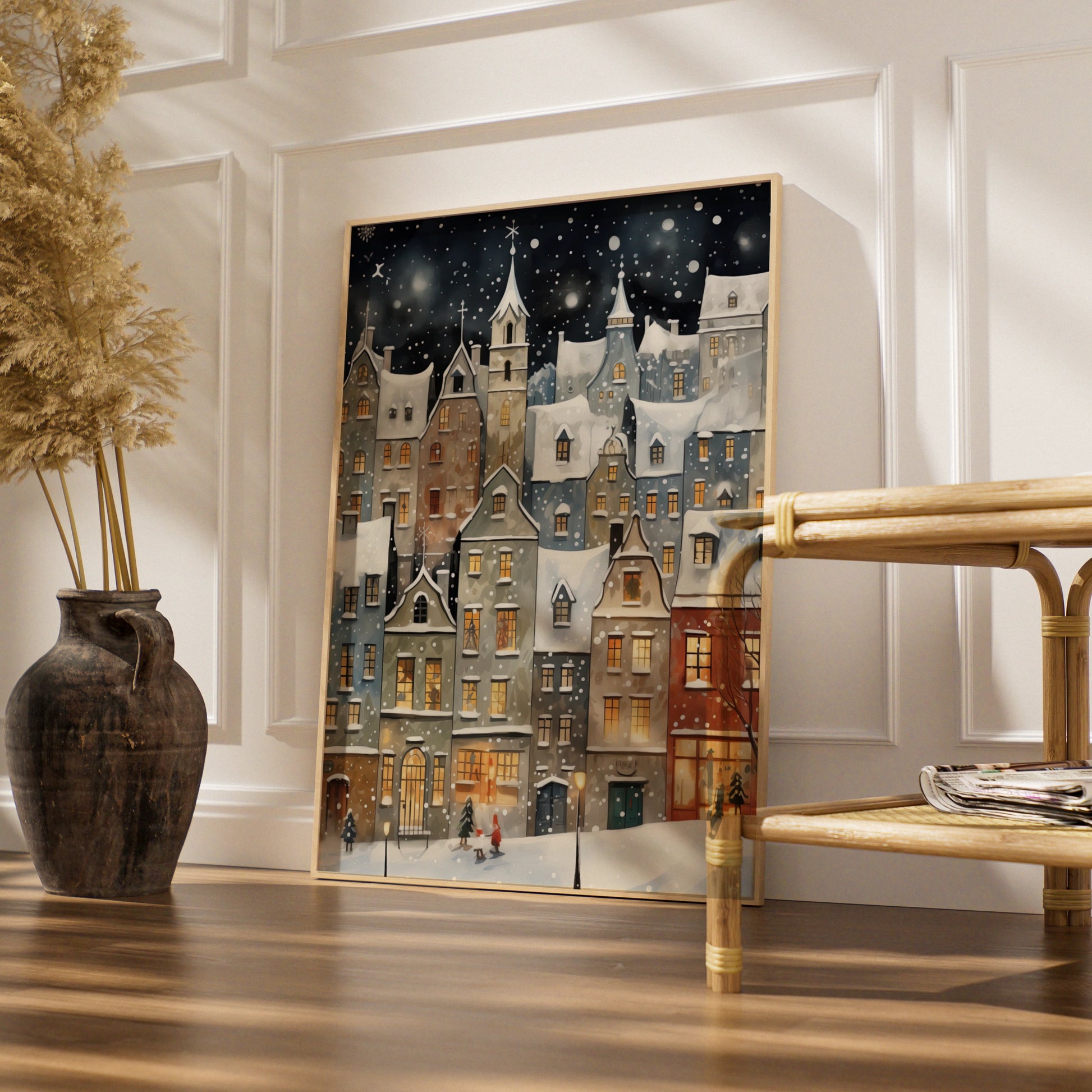 Christmas Village Poster, Snowy Winter Town Wall Art, Festive Holiday Night Scene Print