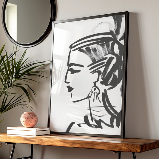 Female Face Line Art, Monochrome Wall Art, Black and White Poster, Minimalist Print — Digital Download