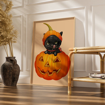 Halloween Black Cat Pumpkin Poster, Jack O Lantern Cat Wall Art, Spooky Cute Cat Print