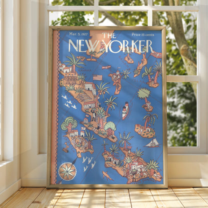 New Yorker 1927 Caribbean Map Cover Poster, Havana Cuba Jamaica Haiti Vintage Art