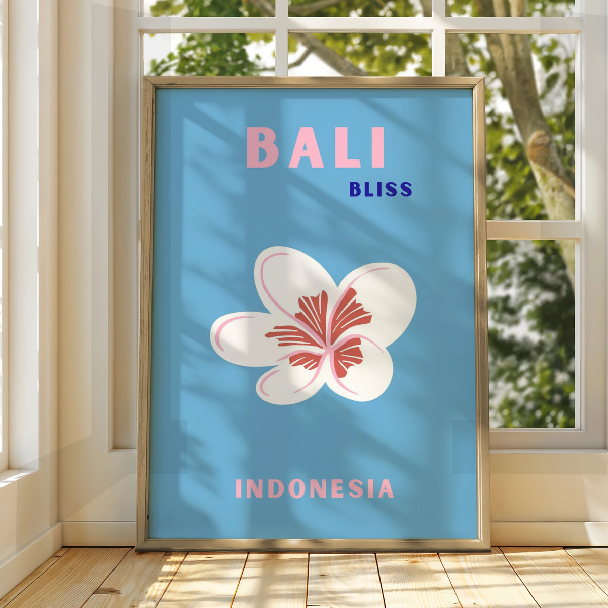 Bali Travel Poster Indonesia Wall Art, Retro Frangipani Print, Blue Pink Tropical Decor