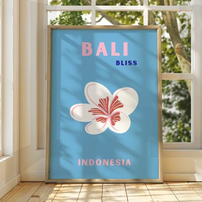 Bali Travel Poster Indonesia Wall Art, Retro Frangipani Print, Blue Pink Tropical Decor