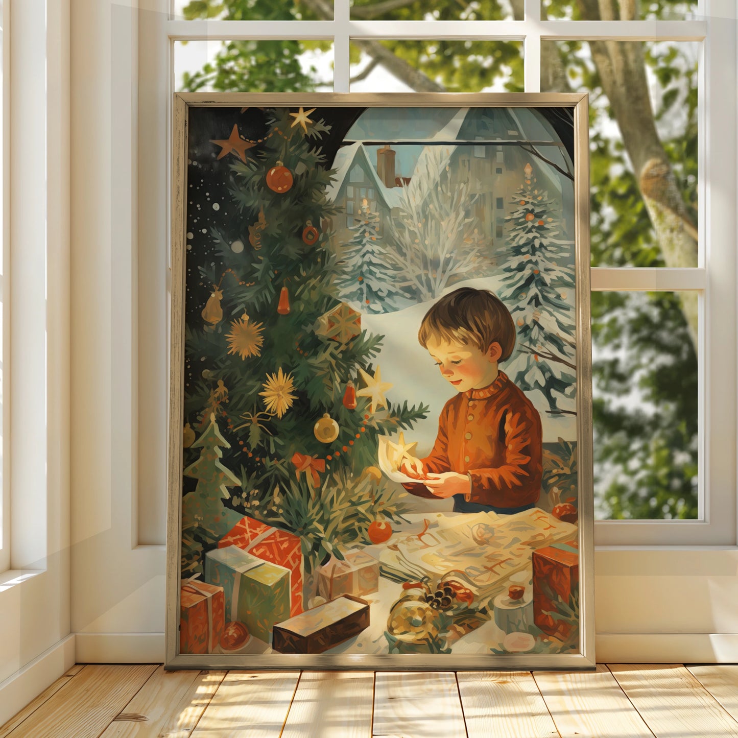 Vintage Christmas Poster, Child by Tree with Gifts, Retro Festive Wall Art Print