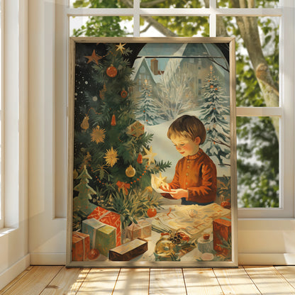 Vintage Christmas Poster, Child by Tree with Gifts, Retro Festive Wall Art Print