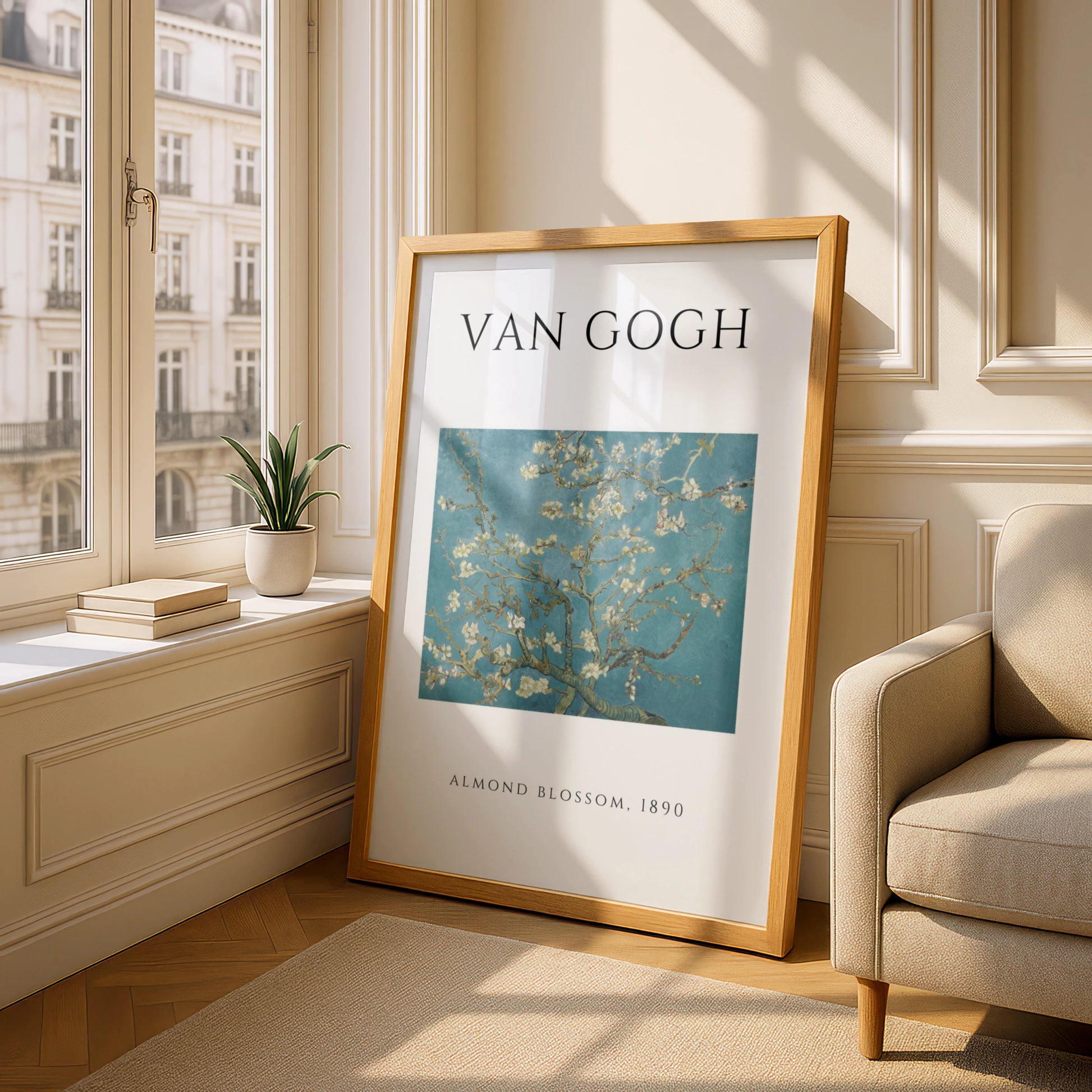 Van Gogh Almond Blossom Wall Art Print | Teal Floral Botanical Poster, Living Room Decor – A5 Oak frame