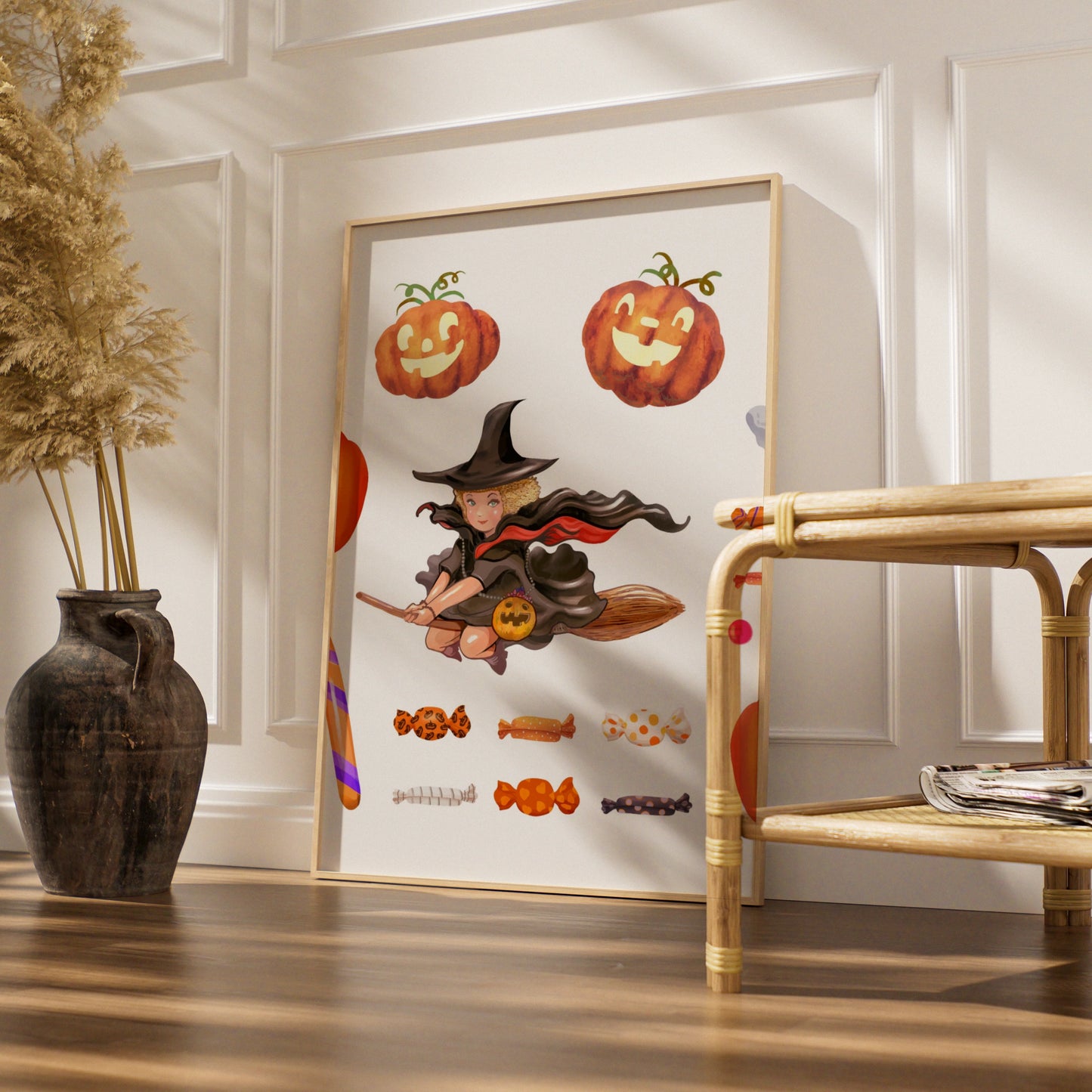 Halloween Wall Art Poster, Witch Pumpkin Ghost Black Cat, Trick or Treat Print