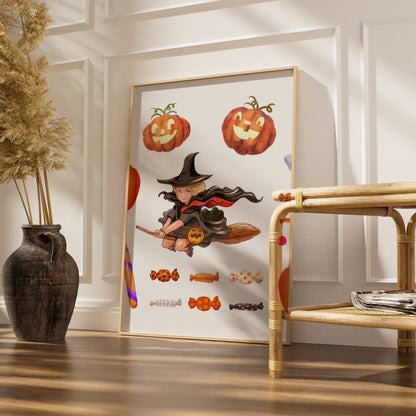 Halloween Wall Art Poster, Witch Pumpkin Ghost Black Cat, Trick or Treat Print