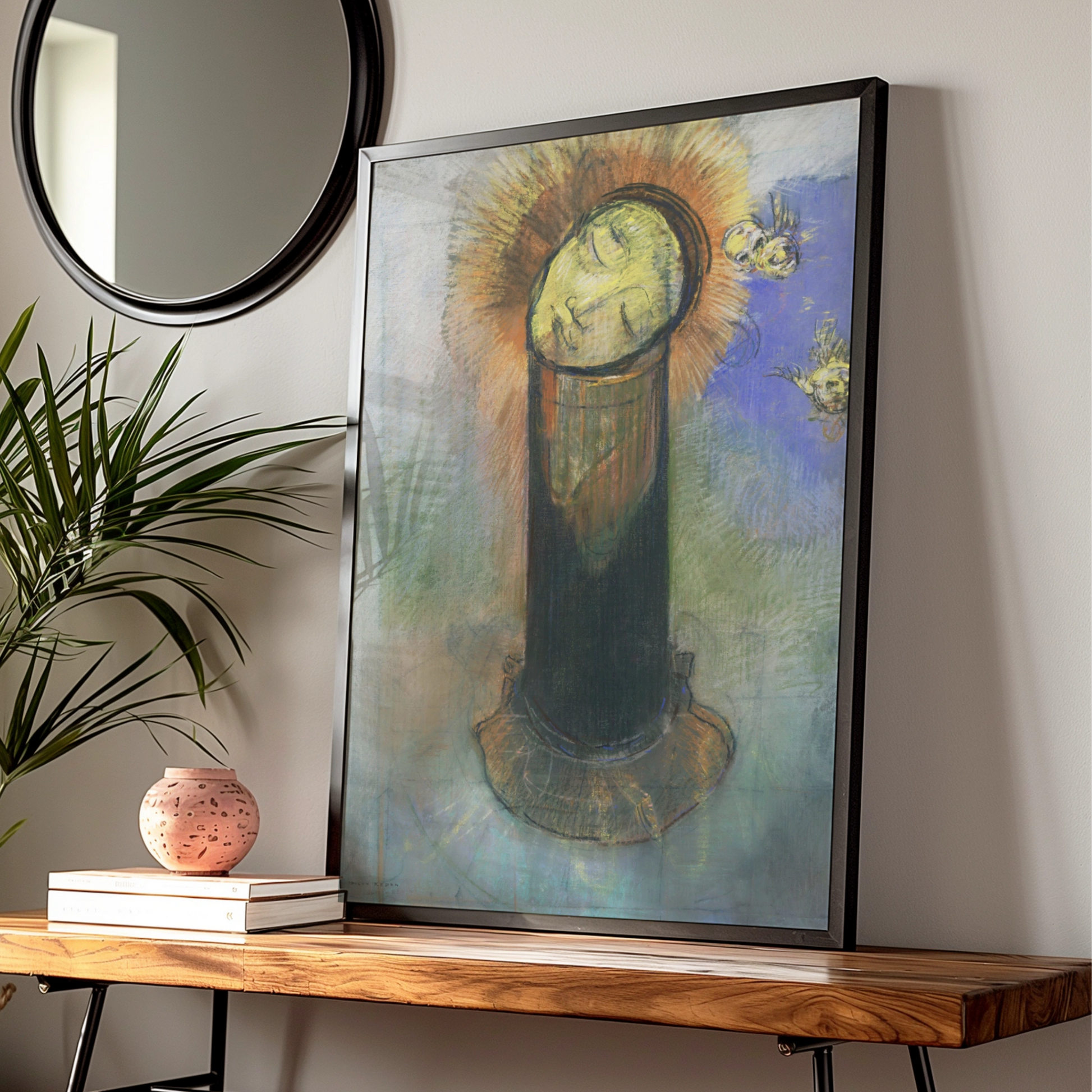 Odilon Redon Halloween Surreal Art Print, Mystical Head Halo Skull Poster Wall