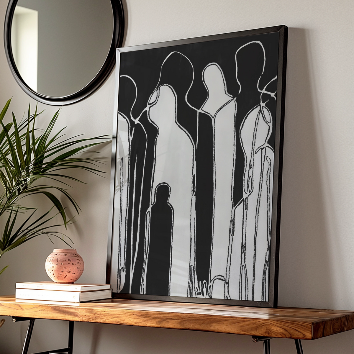 Abstract Figure Group Print, Monochrome Wall Art, Black and White Minimalist Poster, Modern Decor