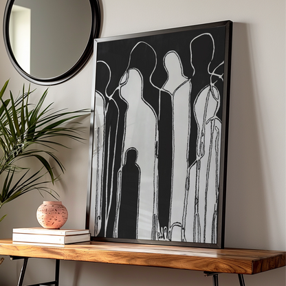 Abstract Figure Group Print, Monochrome Wall Art, Black and White Minimalist Poster, Modern Decor