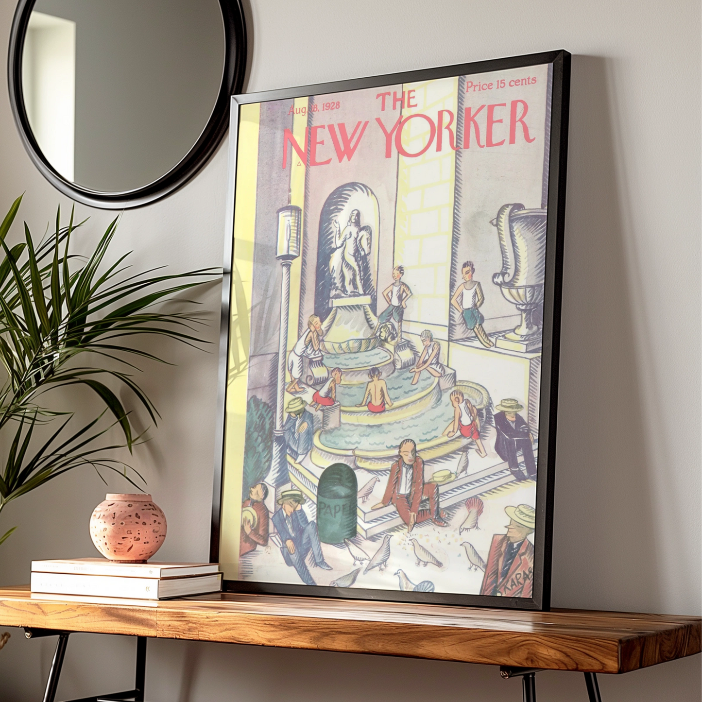 New Yorker Cover August 1928, Vintage City Fountain Art Poster, Retro Wall Art Print