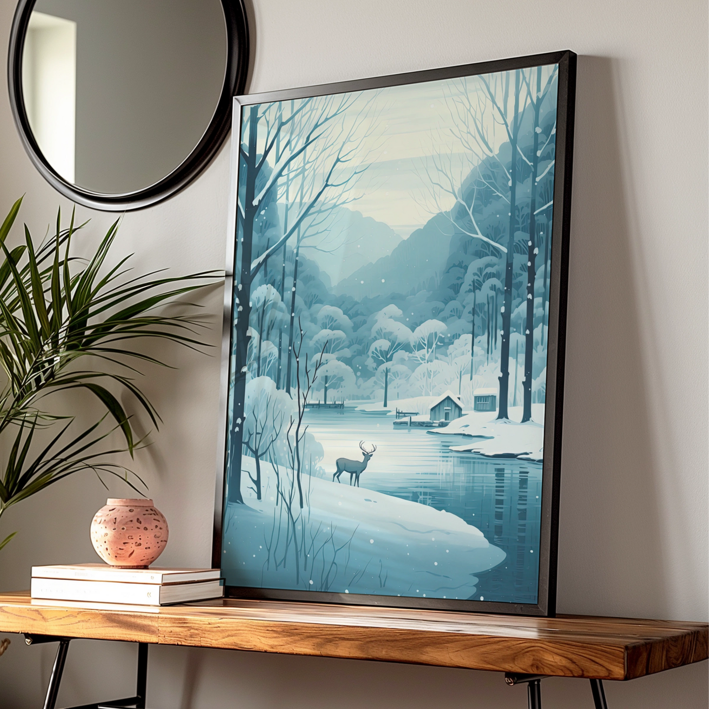 Christmas Winter Deer Poster, Snowy Forest Lake Scene, Blue Festive Wall Art Print
