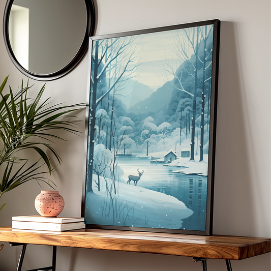 Christmas Winter Deer Poster, Snowy Forest Lake Scene, Blue Festive Wall Art Print