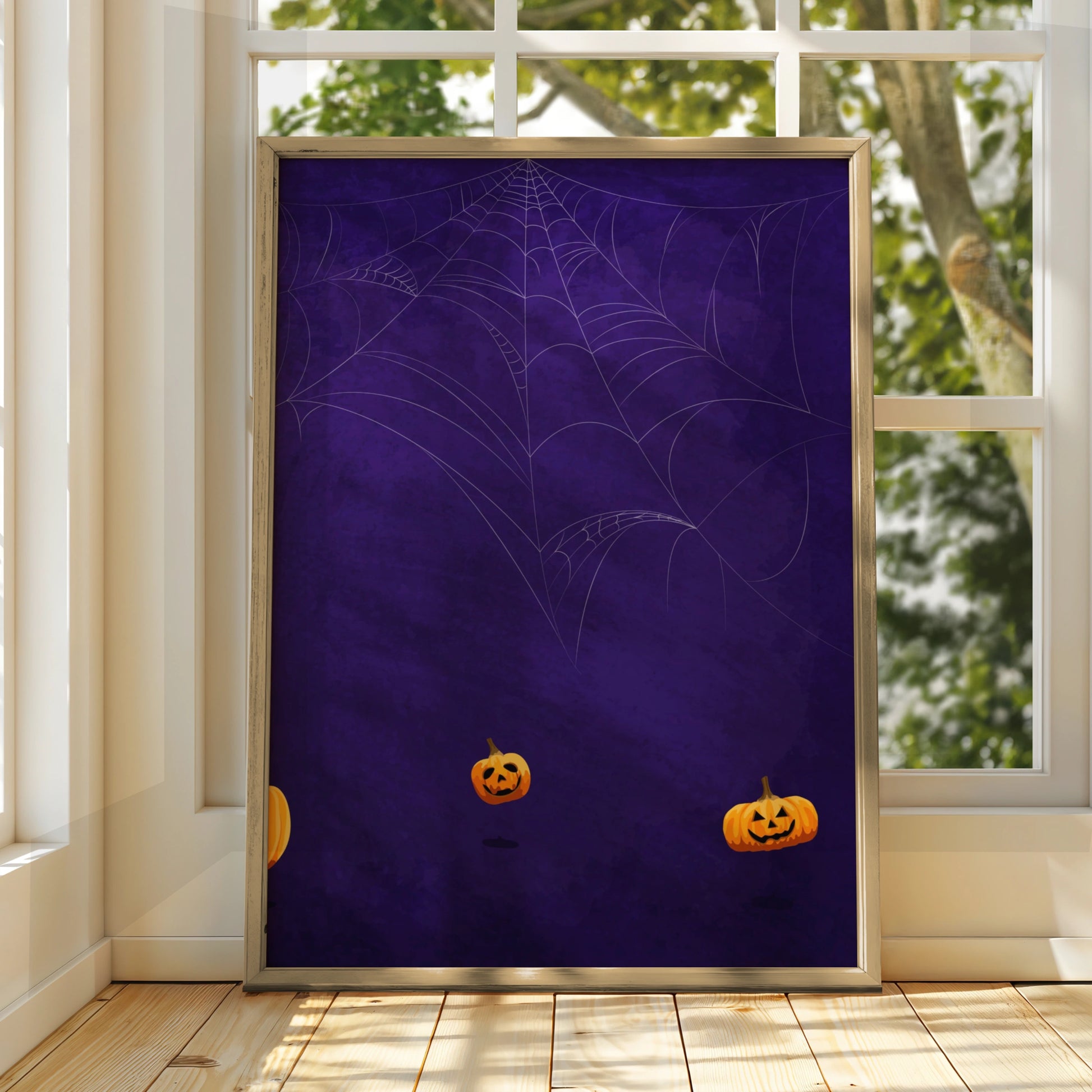 Halloween Pumpkin Spider Web Poster, Jack O Lantern Wall Art, Spooky Purple Print