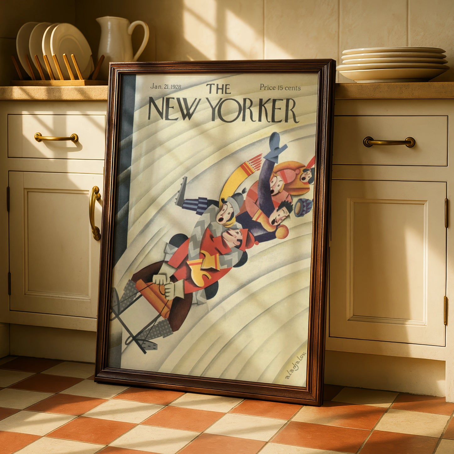 The New Yorker 1928 Winter Sledding Cover Art Poster, Vintage Art Deco Wall Print