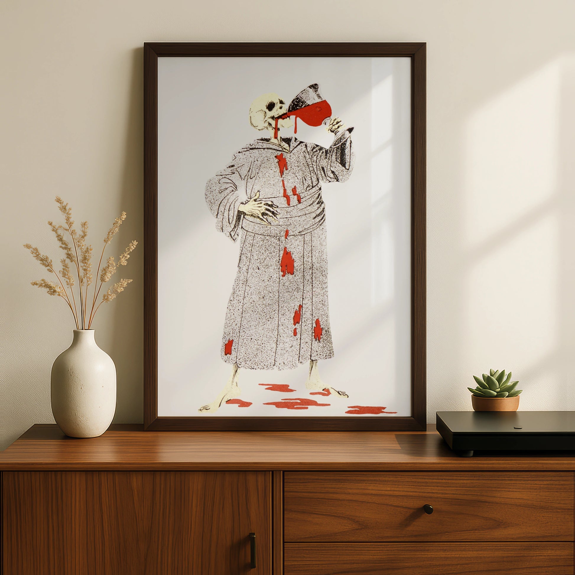 Skeleton Drinking Blood Halloween Poster, Spooky Skull Wall Art, Gothic Horror Print, Dark