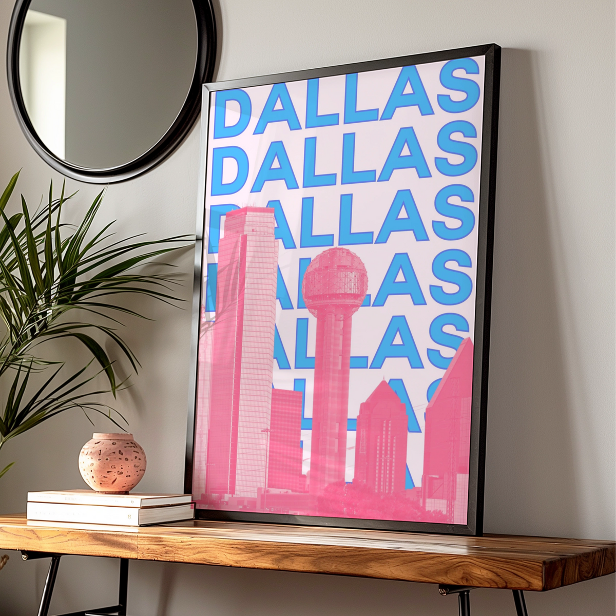 Dallas Travel Poster, Texas City Wall Art, Retro Skyline Print, Pink Blue Modern Decor