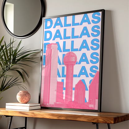 Dallas Travel Poster, Texas City Wall Art, Retro Skyline Print, Pink Blue Modern Decor