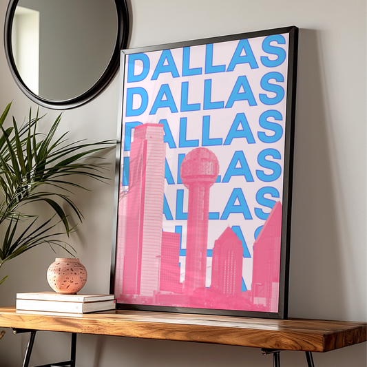 Dallas Travel Poster, Texas City Wall Art, Retro Skyline Print, Pink Blue Modern Decor — Digital Download