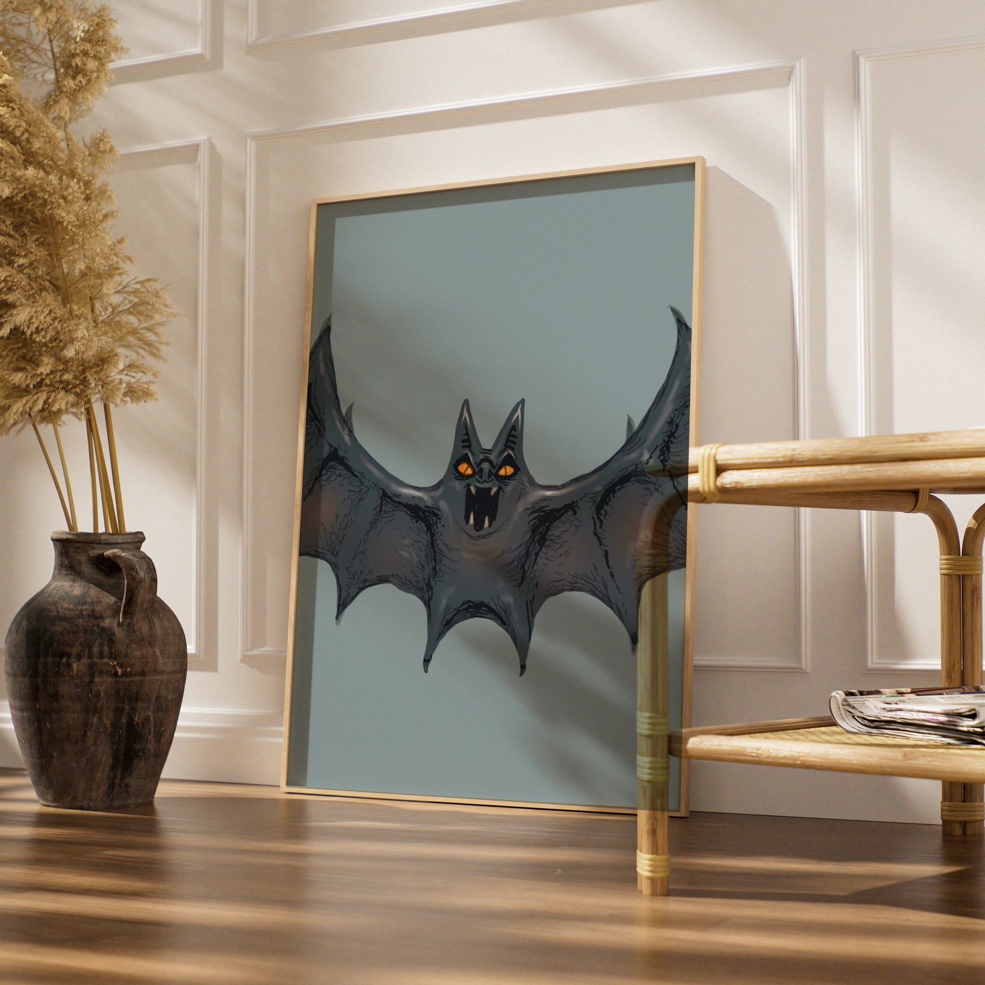 Halloween Bat Wall Art, Spooky Bat Poster, Gothic Horror Print, Orange Eyes Dark Creature