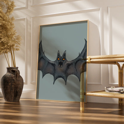 Halloween Bat Wall Art, Spooky Bat Poster, Gothic Horror Print, Orange Eyes Dark Creature