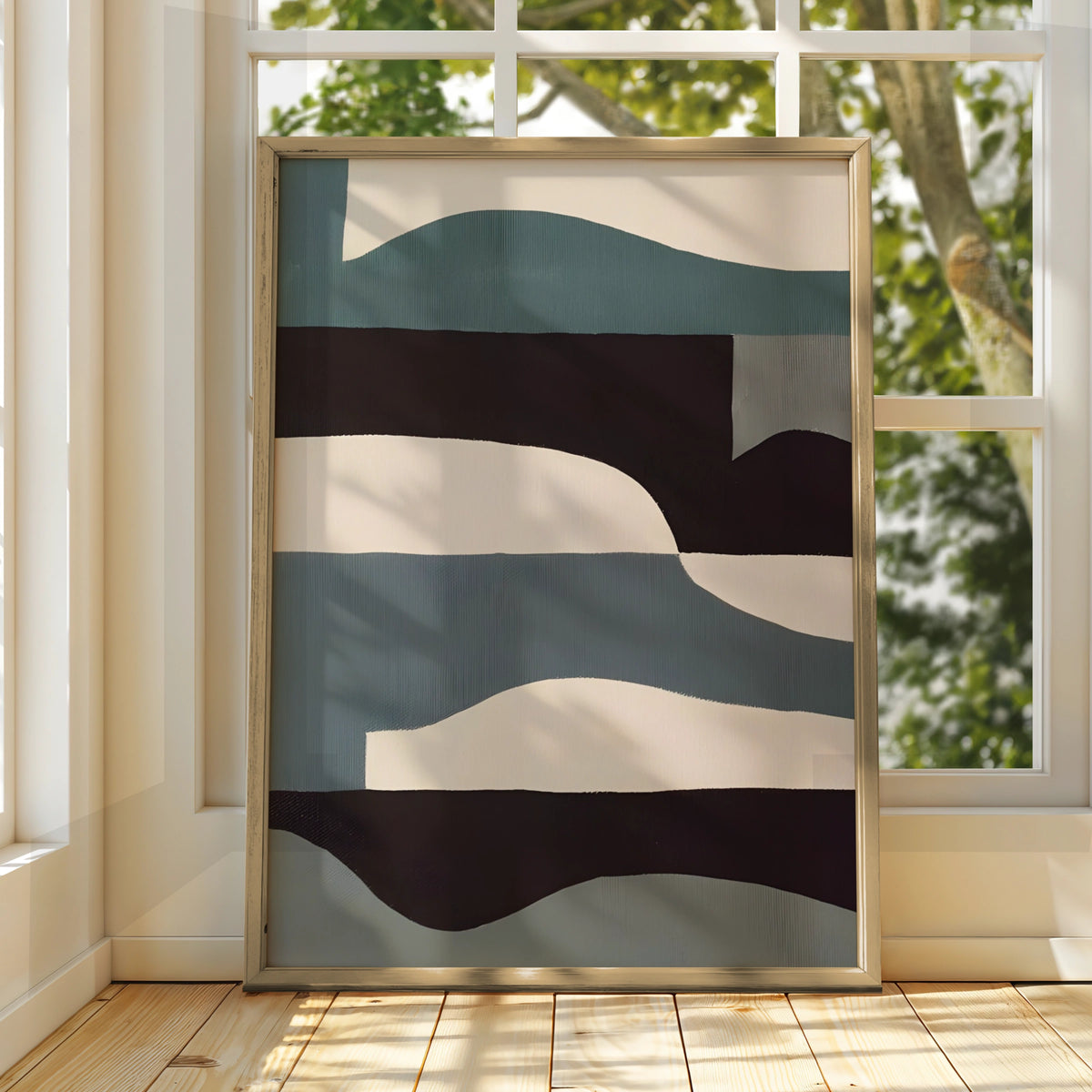 Abstract Wave Art Print, Modern Monochrome Poster, Teal Black Neutral Wall Art, Gallery Wall Print