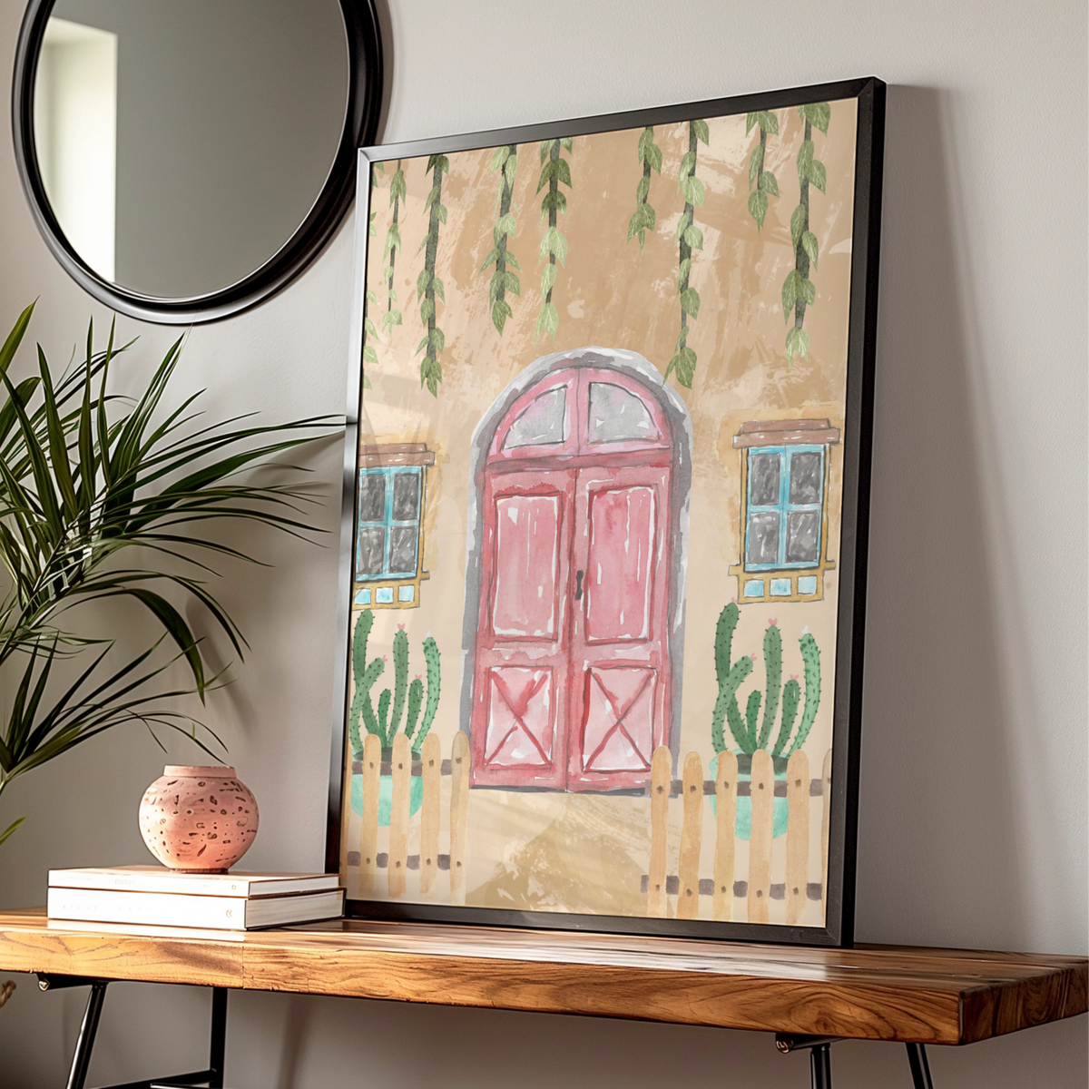 Maximalist Boho Door Poster, Watercolour Cactus Wall Art, Eclectic Terracotta Print, Botanical