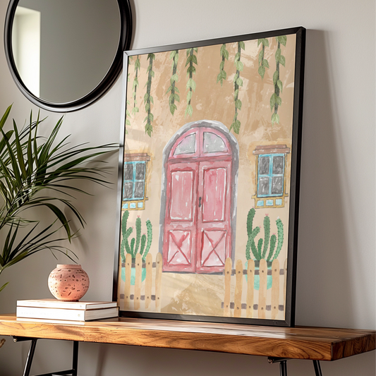 Maximalist Boho Door Poster, Watercolour Cactus Wall Art, Eclectic Terracotta Print, Botanical