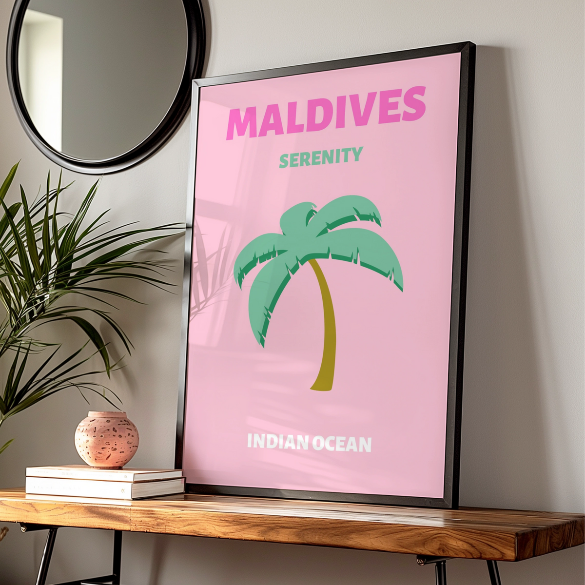 Maldives Travel Poster, Indian Ocean Wall Art, Retro Palm Tree Print, Pink Tropical Decor