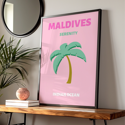 Maldives Travel Poster, Indian Ocean Wall Art, Retro Palm Tree Print, Pink Tropical Decor