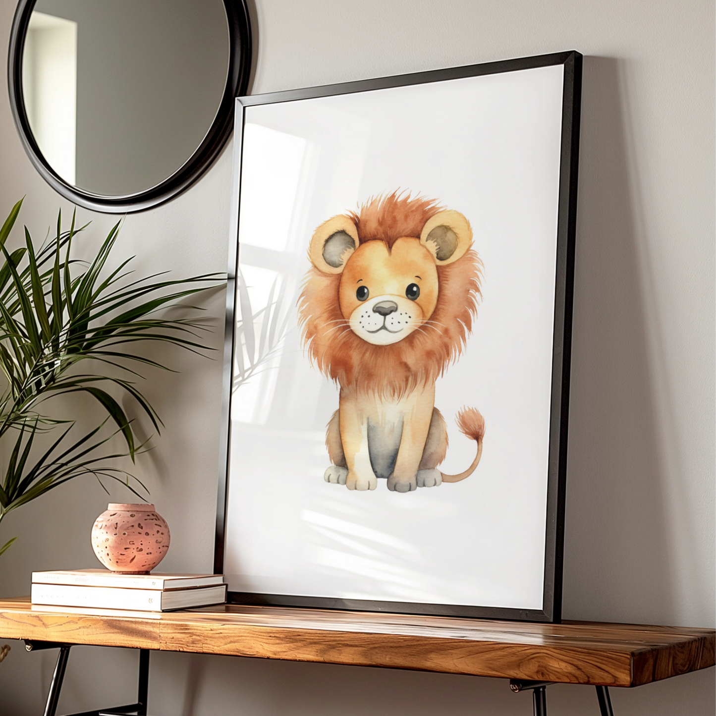 Cute Lion Nursery Wall Art, Watercolour Safari Animal Print, Kids Room Poster