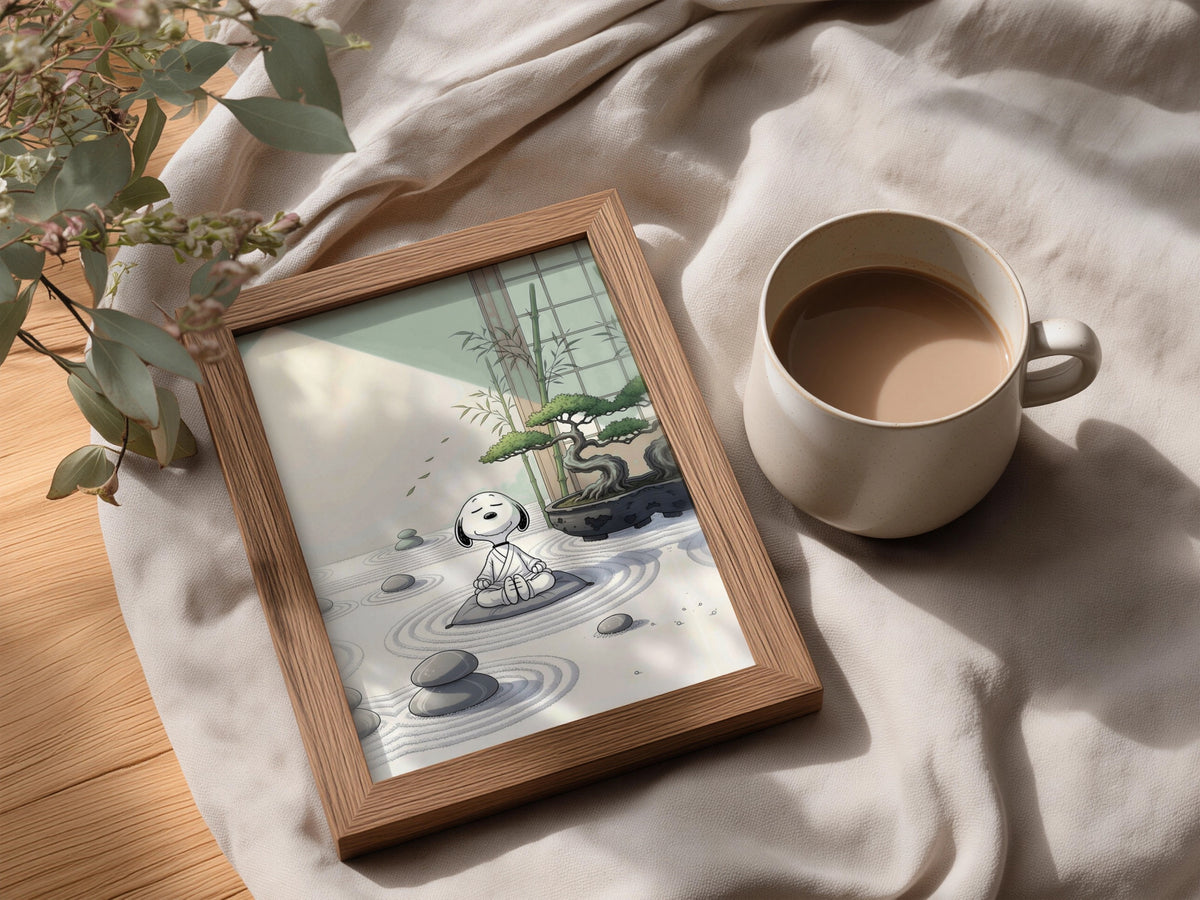 Meditating Cartoon Beagle Zen Garden Poster, Bonsai Wall Art, Sage Green Art Print for Bedroom