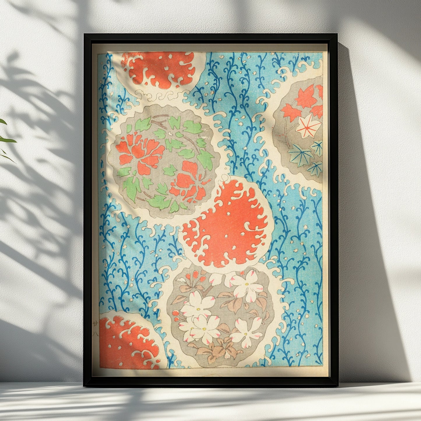 Japanese Peony Medallion Botanical Print, Vintage Woodblock Wall Art, Japandi Poster – A4 Black frame