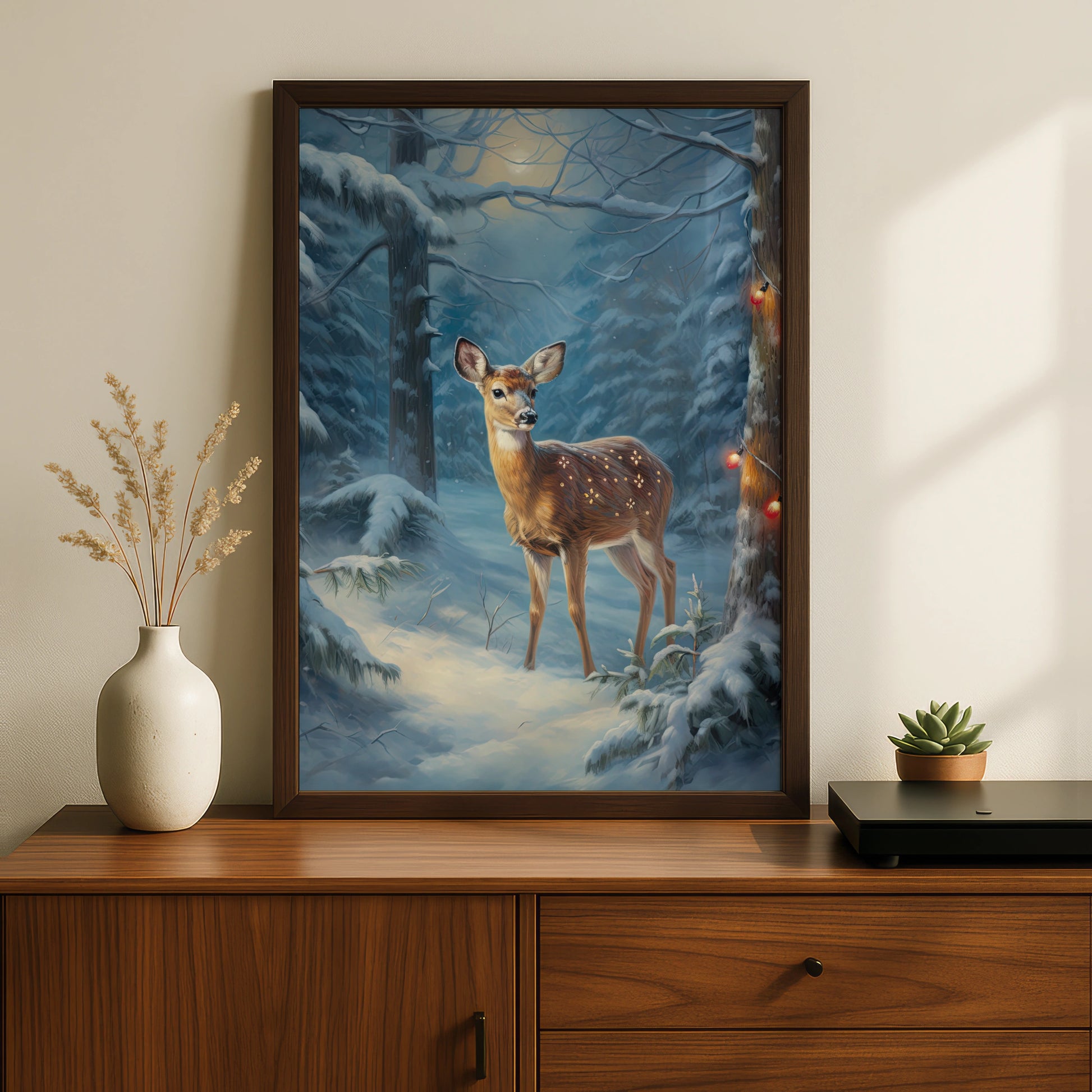Christmas Deer Poster, Winter Forest Fawn Wall Art, Snowy Woodland Festive Print, Holiday Decor