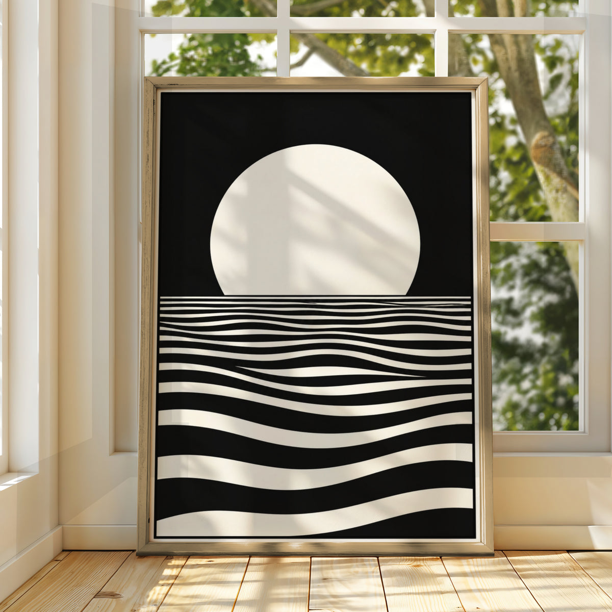 Monochrome Moon Over Ocean Waves Print, Black White Minimalist Poster, Gallery Wall Art