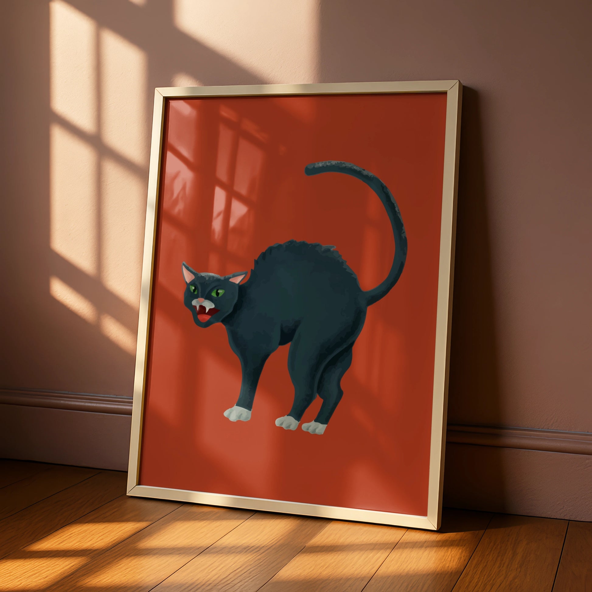 Halloween Black Cat Poster, Spooky Cat Wall Art, Arched Cat Print, Bold Red Halloween Decor