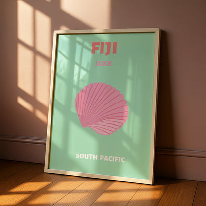 Fiji Travel Poster, South Pacific Wall Art, Retro Shell Print, Mint Pink Coastal Decor