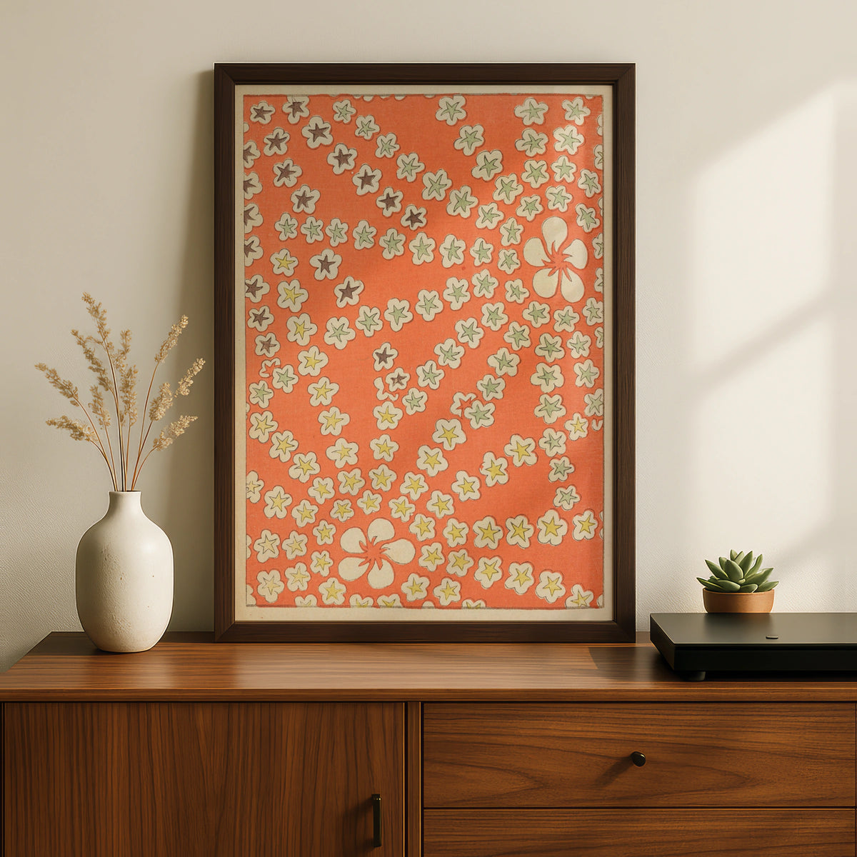 Japanese Floral Pattern Print, Vintage Woodblock Wall Art, Bijutsukai 1901 Poster – A5 Black frame