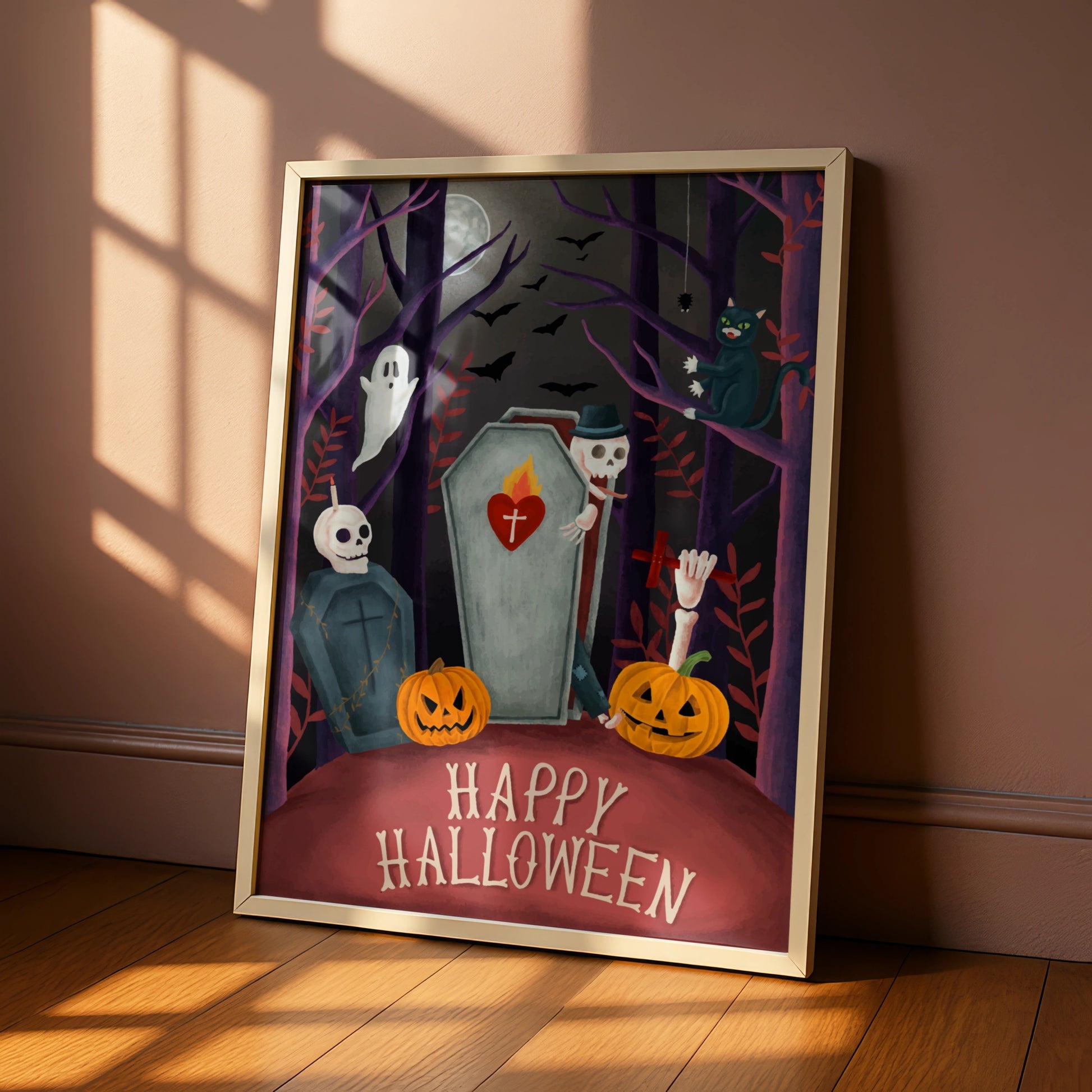Happy Halloween Poster, Spooky Graveyard Wall Art, Ghost Skeleton Pumpkin Print, Gothic Decor