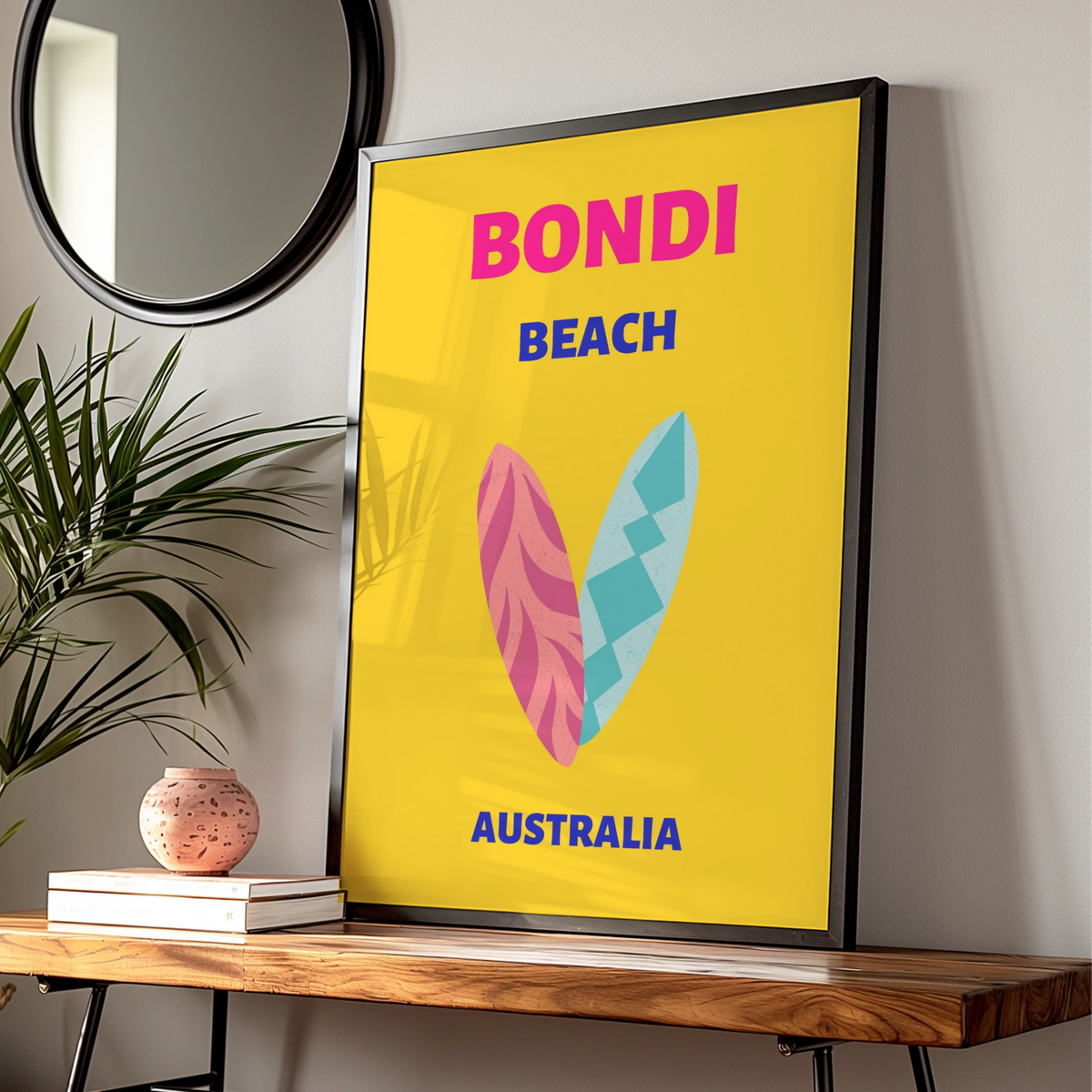 Bondi Beach Australia Travel Poster, Retro Surf Wall Art, Sydney Colourful Print