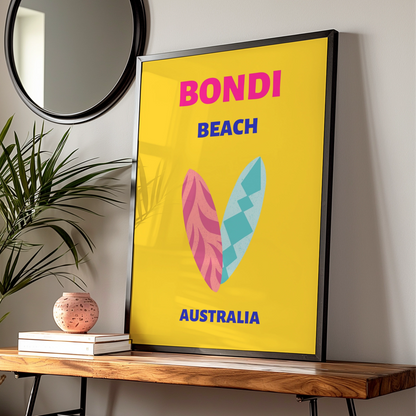 Bondi Beach Australia Travel Poster, Retro Surf Wall Art, Sydney Colourful Print