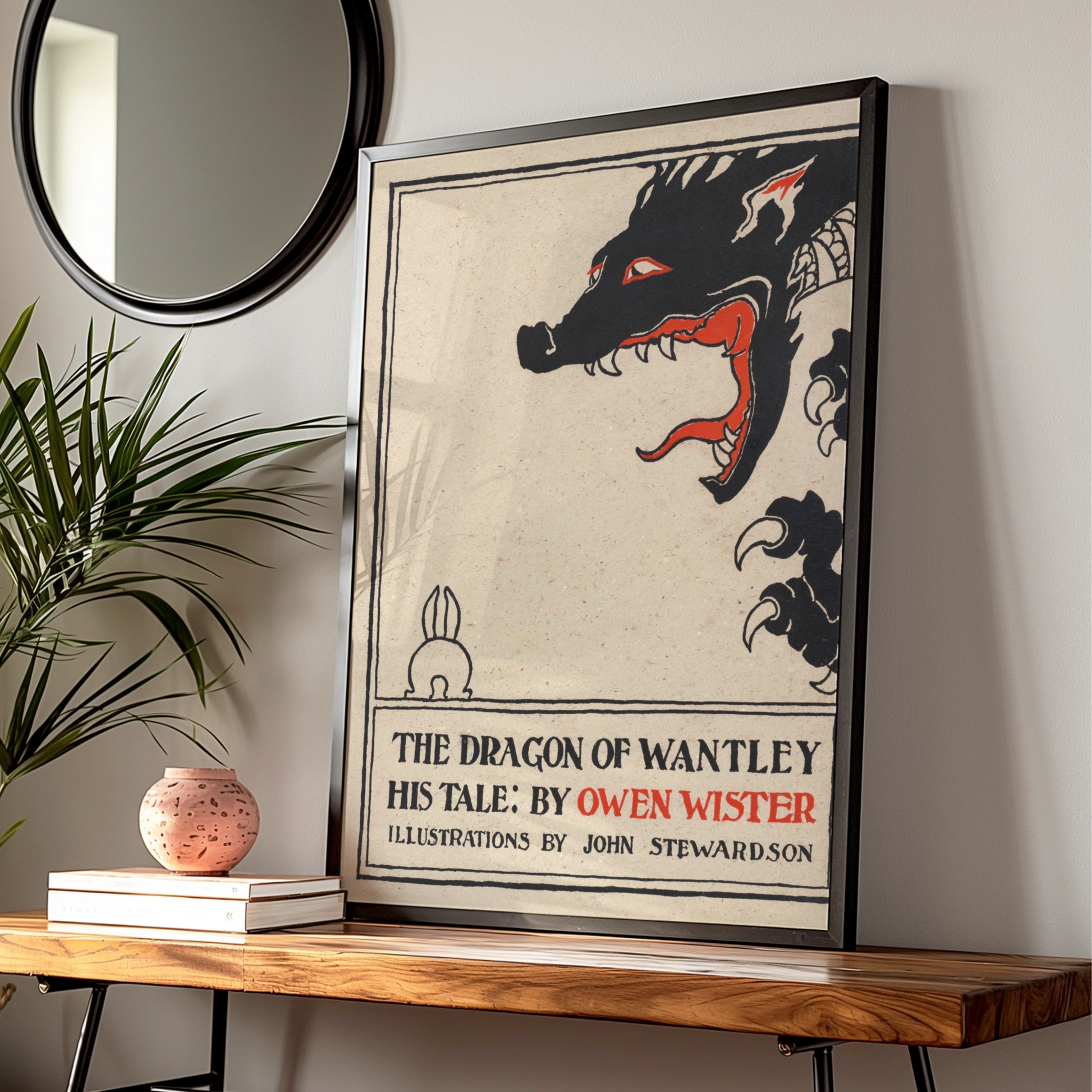 Halloween Dragon Art Print, Vintage Book Cover Poster, Black Red Gothic Wall Art