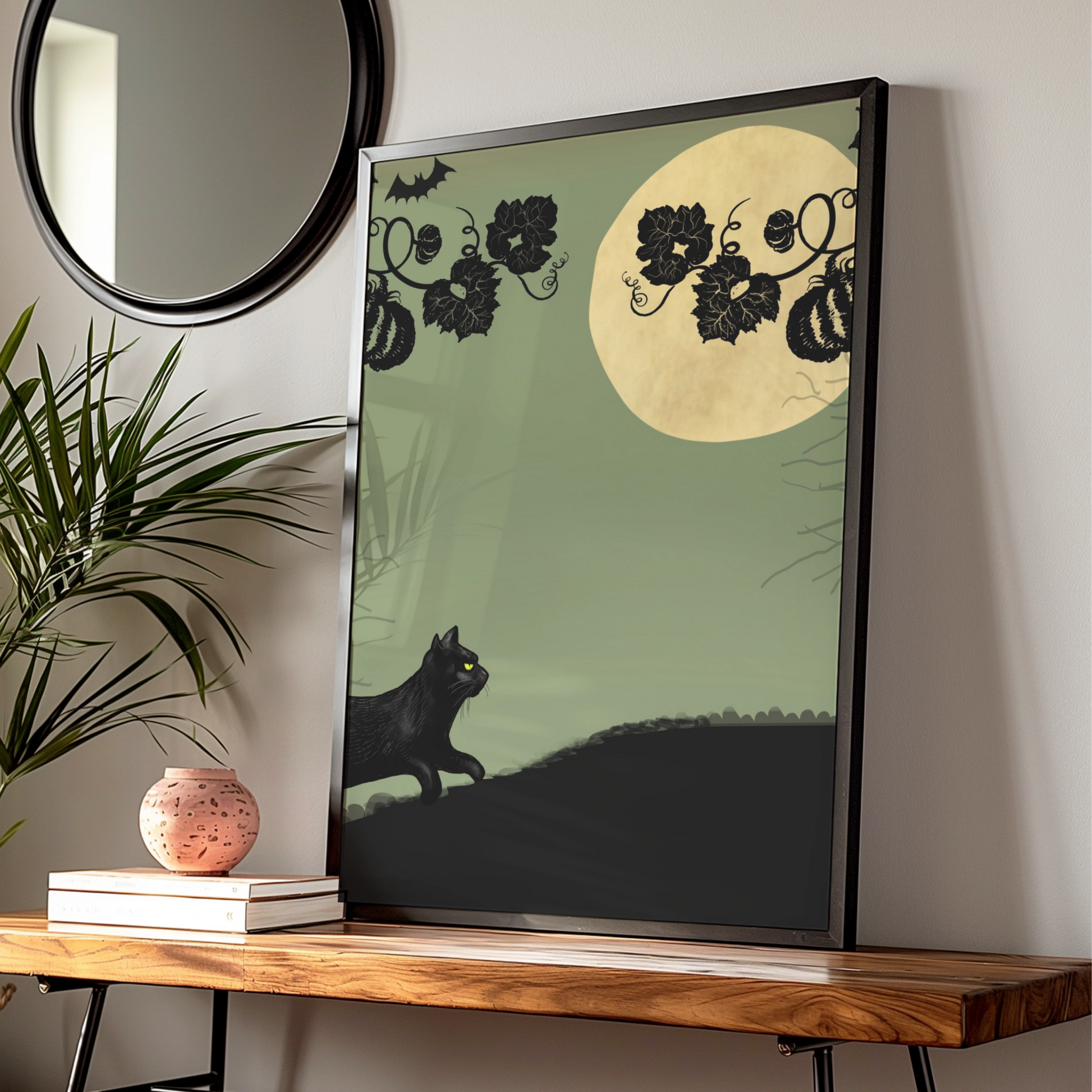 Halloween Black Cat Poster, Jack O Lantern Full Moon Wall Art, Spooky Pumpkin Print