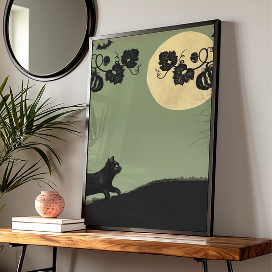Halloween Black Cat Poster, Jack O Lantern Full Moon Wall Art, Spooky Pumpkin Print
