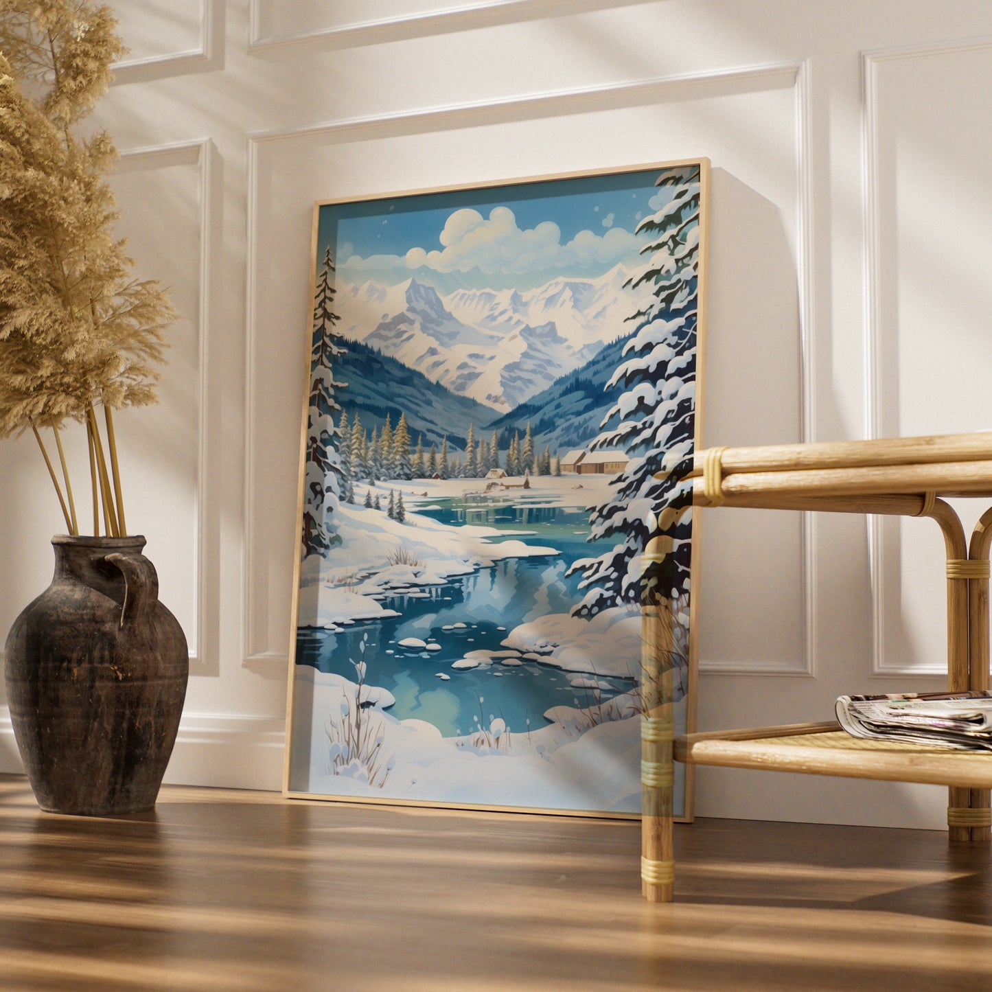 Christmas Winter Landscape Poster, Snowy Mountain Scene, Blue Festive Wall Art Print