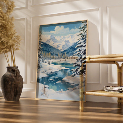 Christmas Winter Landscape Poster, Snowy Mountain Scene, Blue Festive Wall Art Print
