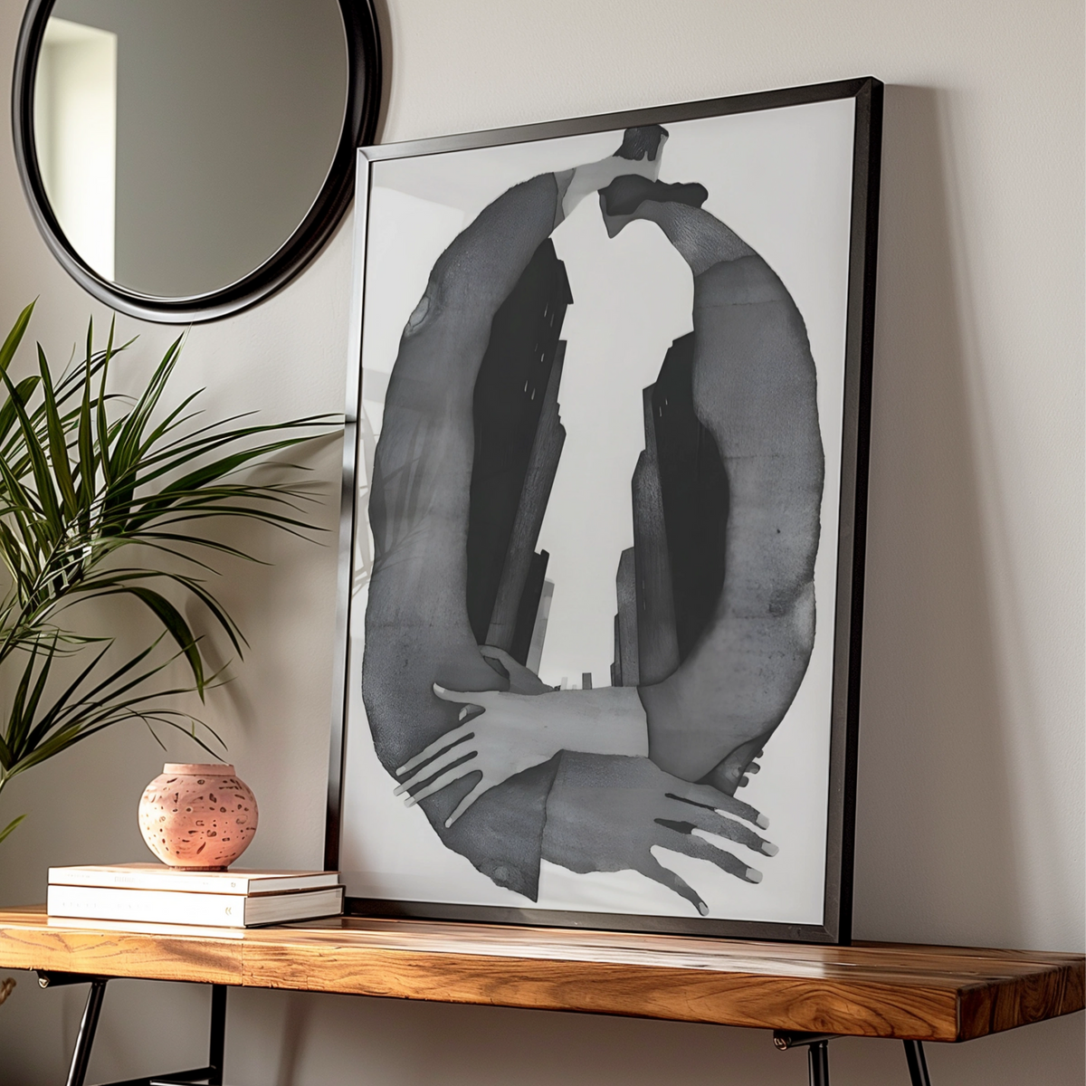 Abstract Figure Embrace Monochrome Wall Art, Black and White Modern Print, Gallery Wall Poster — Digital Download